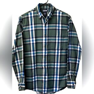 Lands' End Men's Forest Green Plaid Button Down Shirt; Large; 100% Cotton